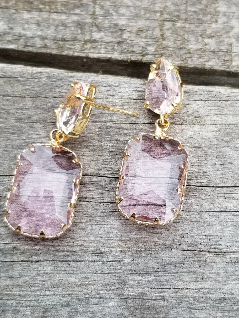 14k Gold Pink Tourmaline Stud Earrings, Rectangular Tourmaline Dangle Earrings